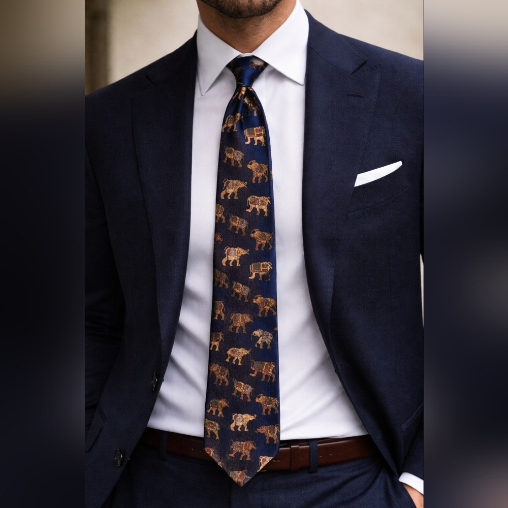 #1593 Huntington 100% Silk Elephant Patterned Black Tie